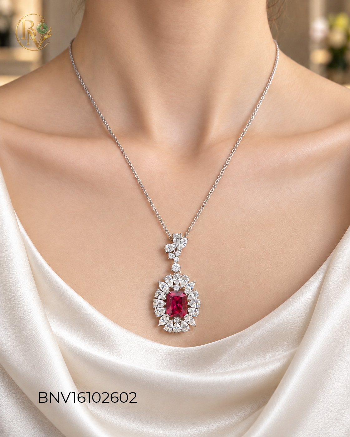 Dây chuyền Nữ Hoàng Ruby - Mặt chữ nhật rực rỡ, đính CZ trắng quý phái
