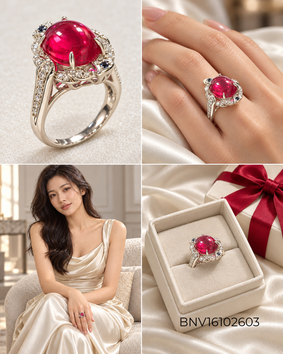 Nhẫn bạc nữ mặt đá Ruby Oval Cabochon viền đá CZ trắng xanh