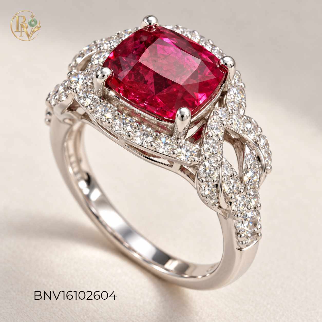 Nhẫn bạc xi kim mặt đá Ruby vuông Tim lồng viền đá CZ trắng