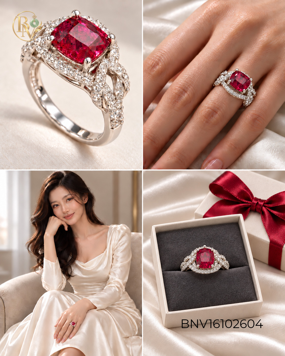 Nhẫn bạc xi kim mặt đá Ruby vuông Tim lồng viền đá CZ trắng
