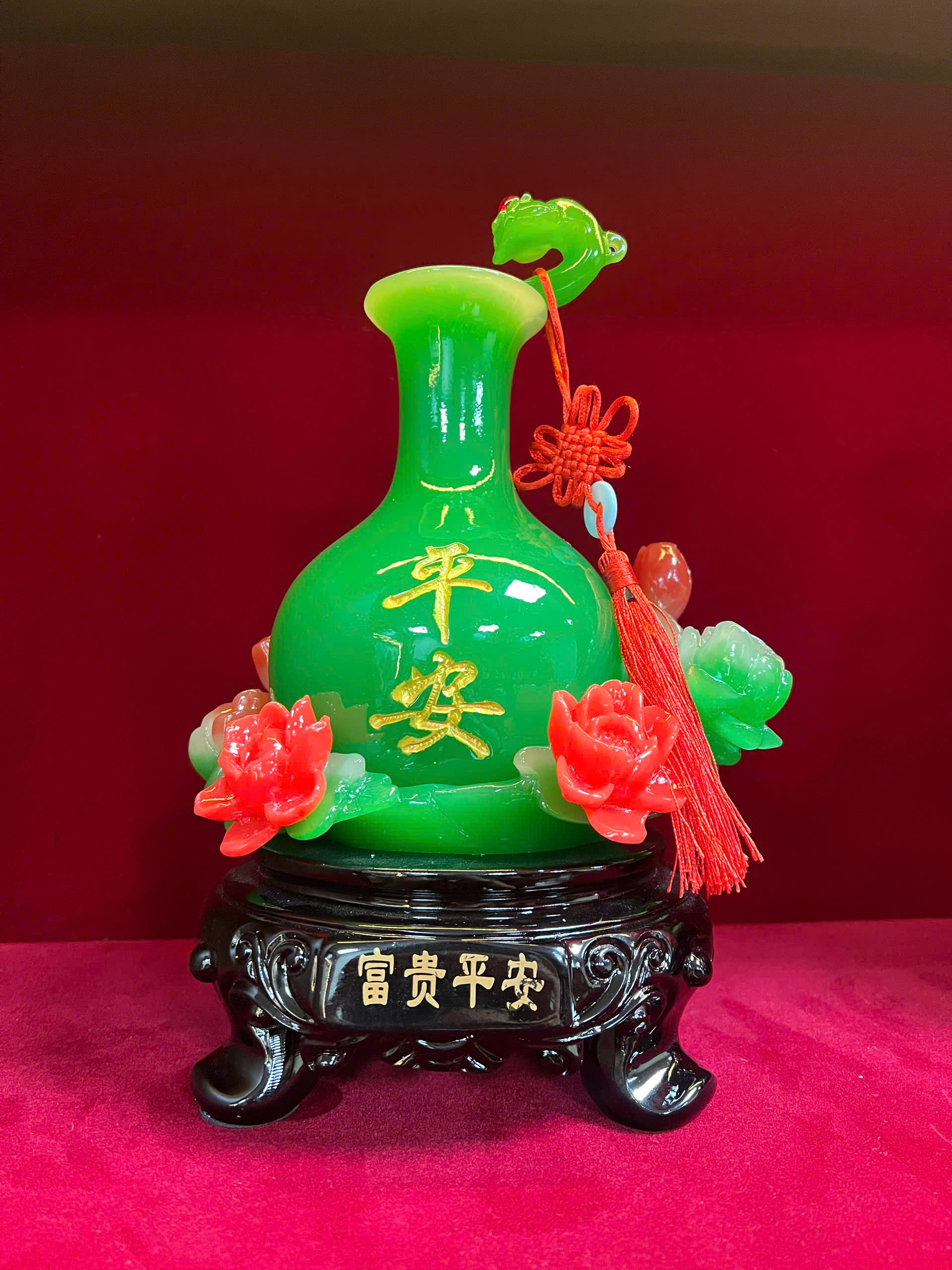 Cặp Bình Gậy Như Ý màu Xanh - Hoa Hồng ngọc Onyx 21x30x16cm