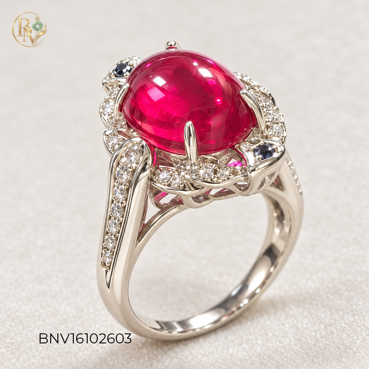Nhẫn bạc nữ mặt đá Ruby Oval Cabochon viền đá CZ trắng xanh