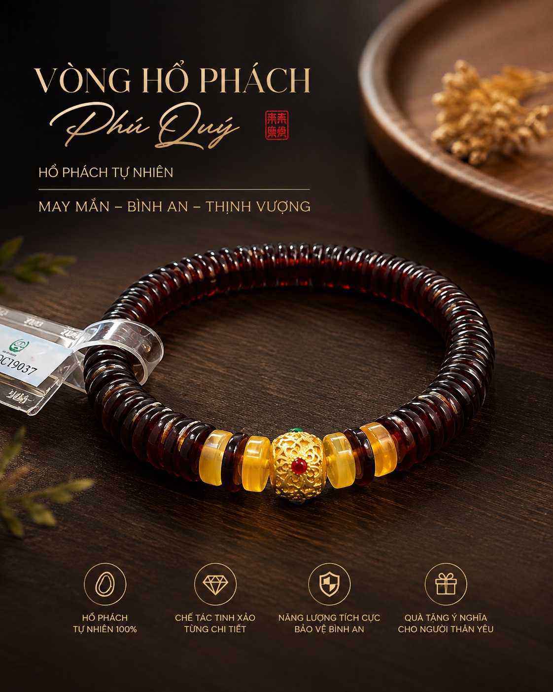Vòng Tay Hổ Phách Đồng Điếu