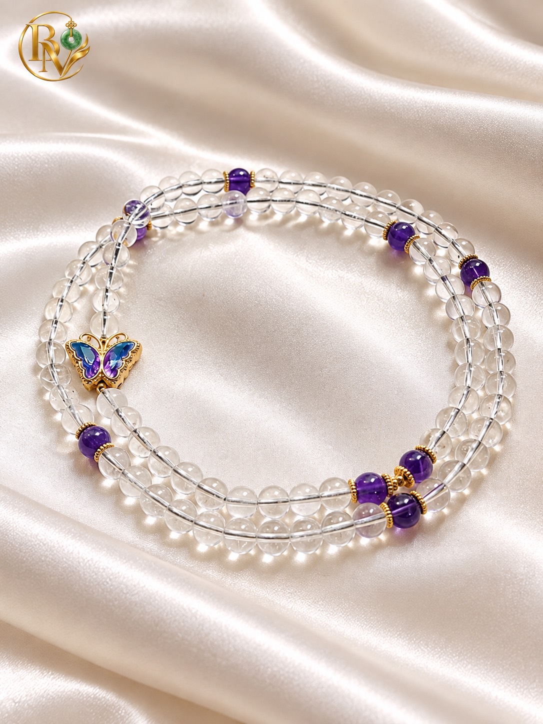 Chuỗi Vòng Thạch Anh Trắng mix charm Đá tím Con Bướm 7.7 - 8