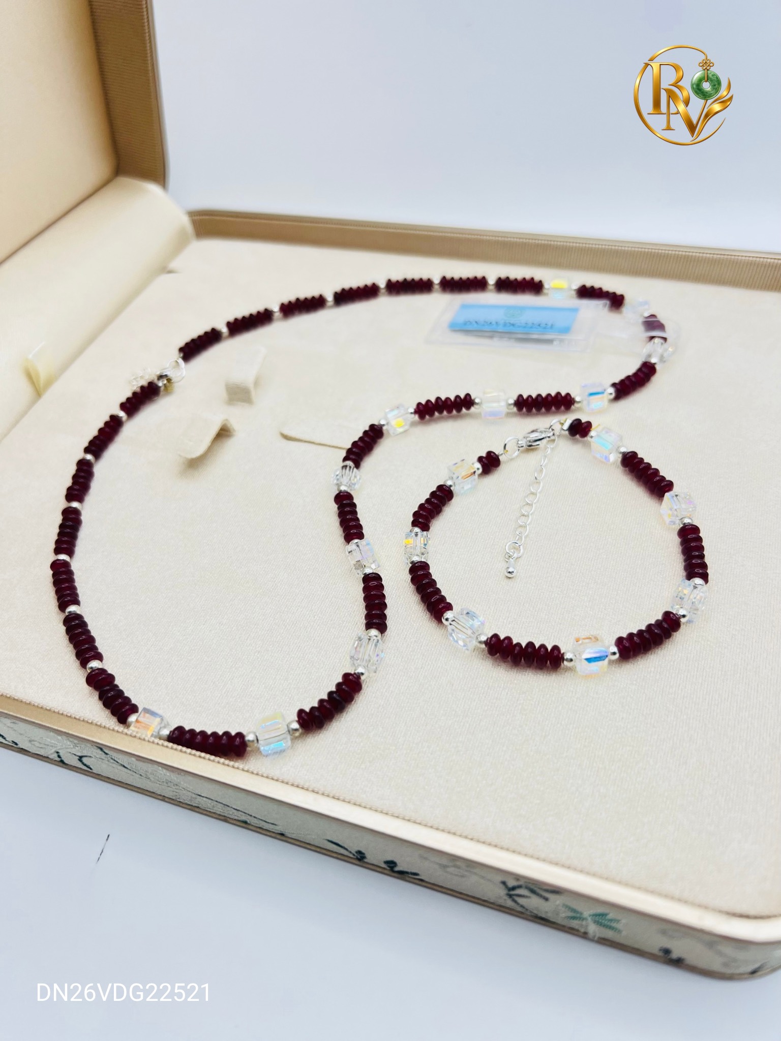 Set Chuỗi vòng cổ Vòng tay Bánh xe Synthetic Ruby đỏ 4.3 x 2.2mm