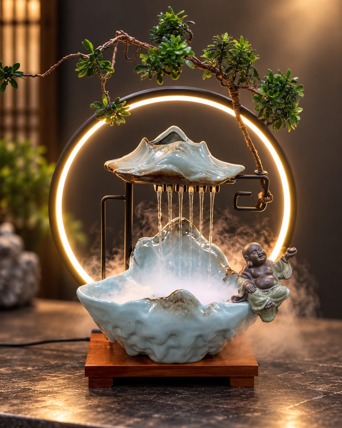 Đèn Decor Thác Nước Phong Thuỷ Chú Tiểu ngồi Bên
