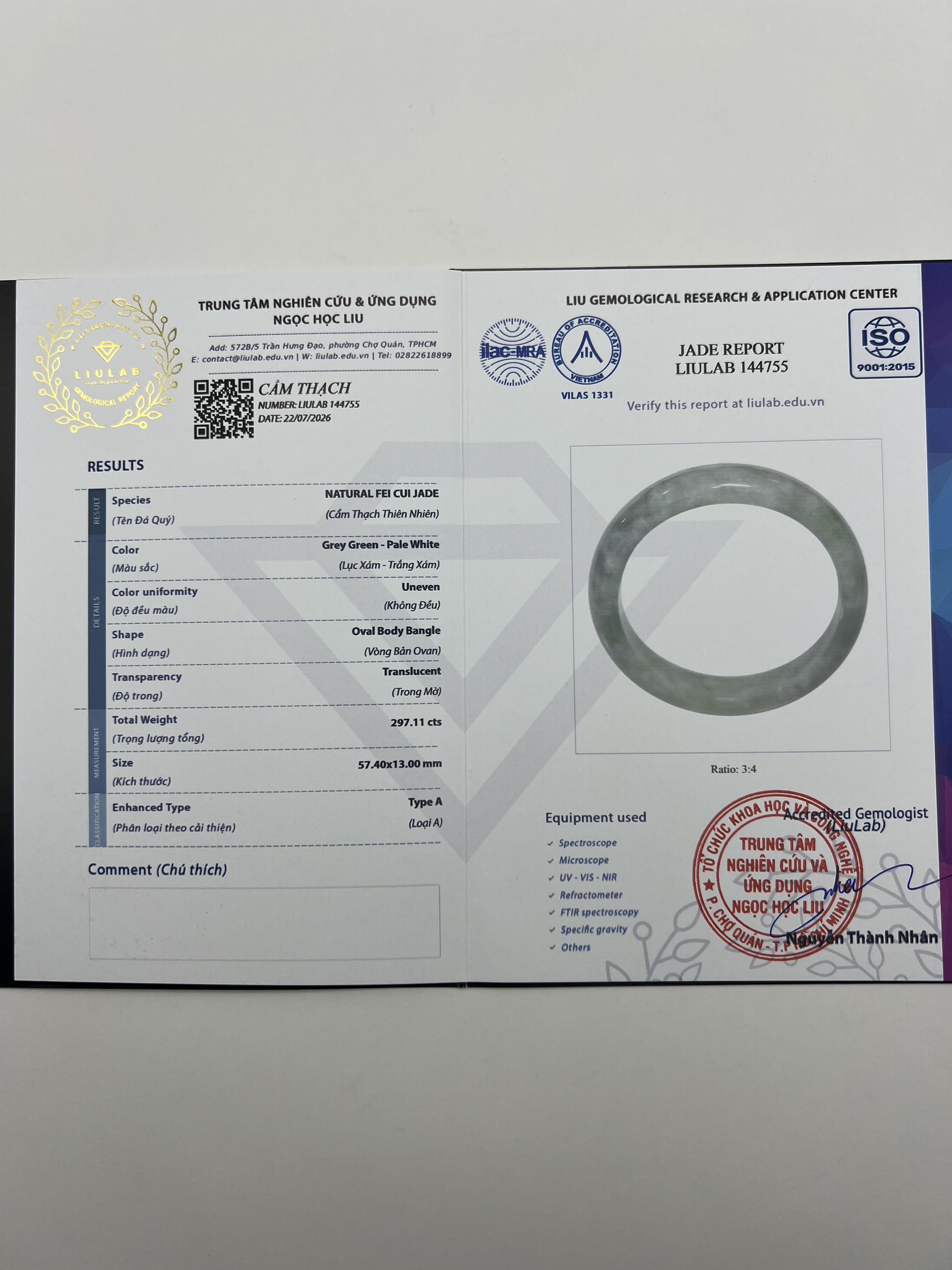 Vòng Ngọc Phỉ Thuý Thanh Thuỷ Vân Lý bản Hẹ ni 57 chột 13