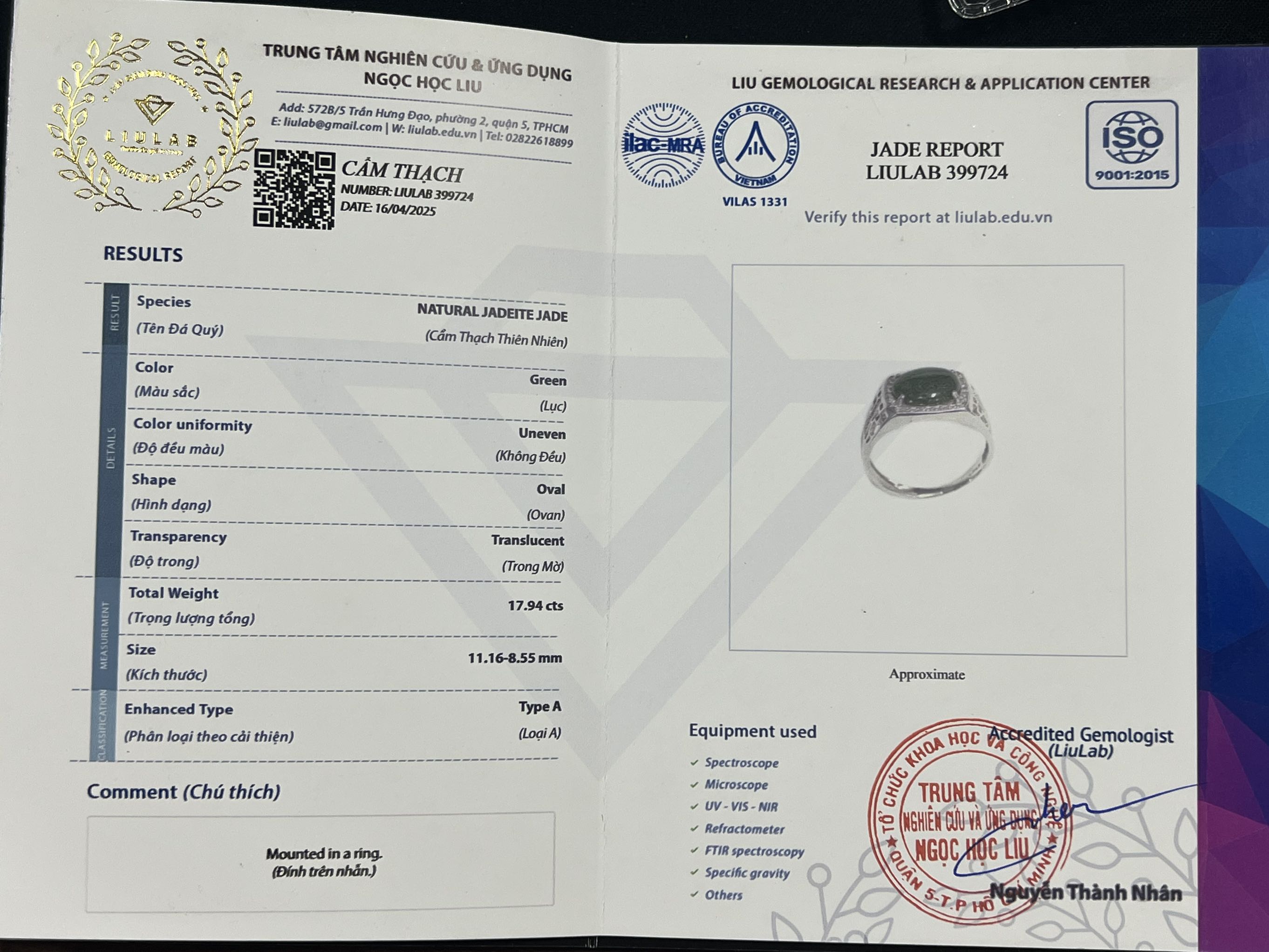 Nhẫn dáng vuông Ngọc Phỉ Thuý khởi Băng type A mặt Oval