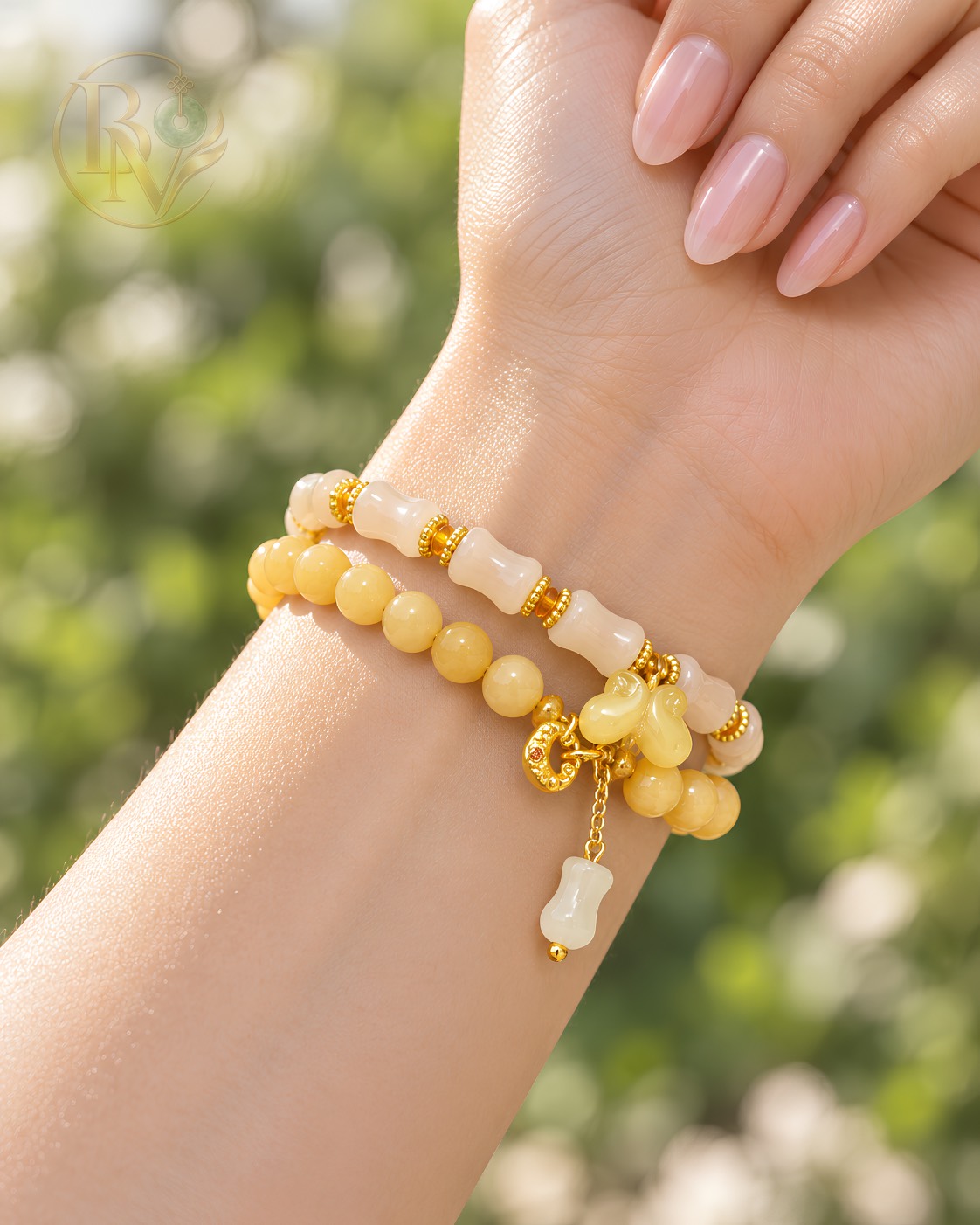 Chuỗi vòng quấn tay mix charm đốt tre, bướm trắng Cẩm Thạch Hoàng Phỉ 6.2-6.6 li