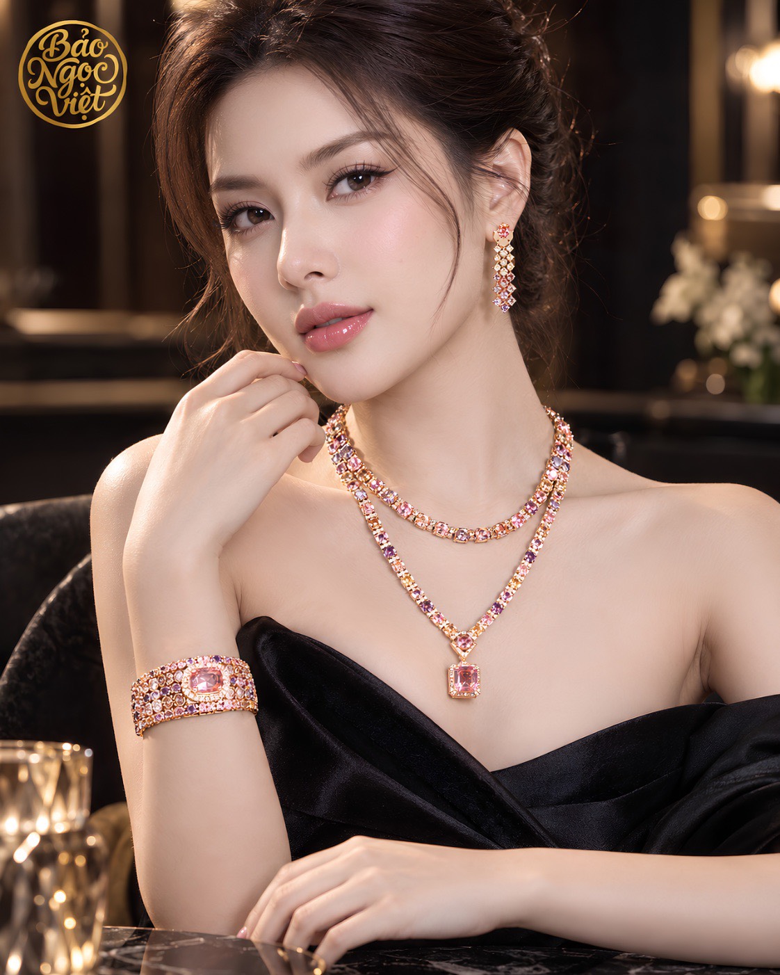 Set Trang sức đính Đá quý Tím Hồng
- Dây chuyền đính Đá Mặt đá quý lớn, Vòng tay bản lớn, Khuyên tai dài