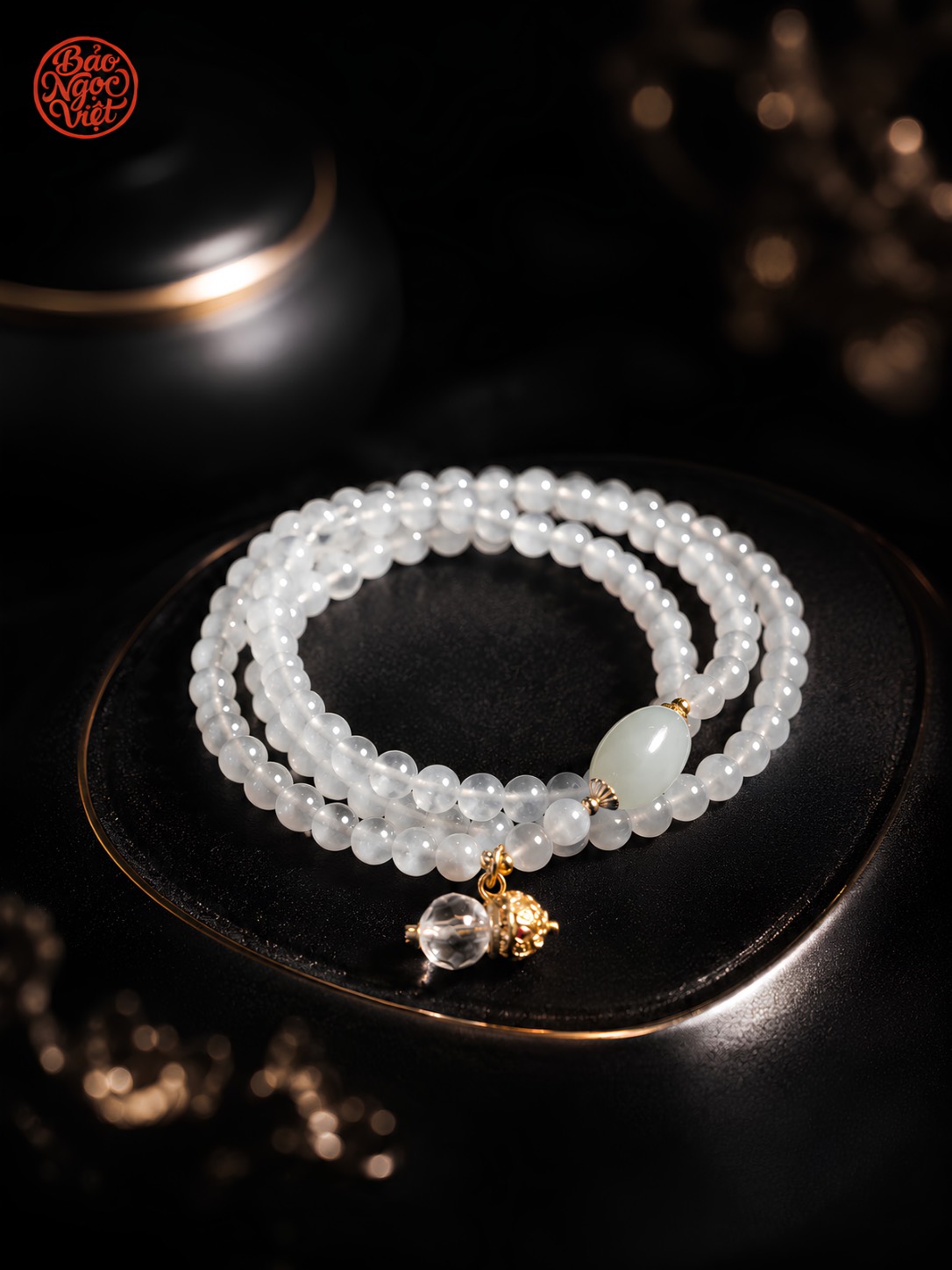 Chuỗi Vòng tay Đá Mặt Trăng Moonstone Hạt Lu Thống, Hồ Lô 4.9 - 5.1 li
