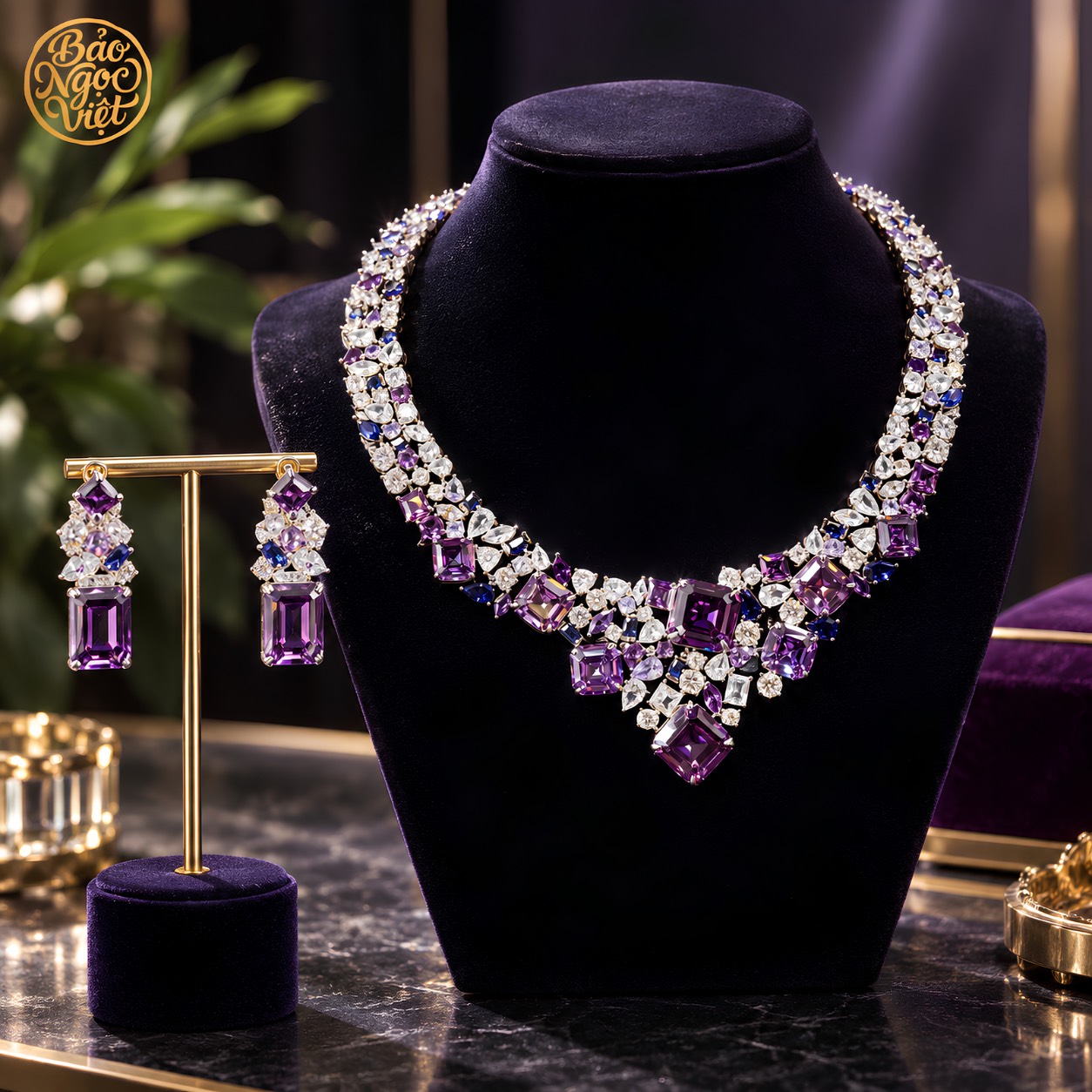 Set Trang sức đính Đá quý Tím - Dây chuyền đính đá Mặt đá quý bản To, Khuyên tai Đá quý bản lớn