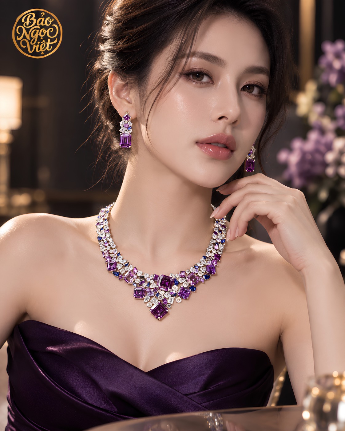 Set Trang sức đính Đá quý Tím - Dây chuyền đính đá Mặt đá quý bản To, Khuyên tai Đá quý bản lớn