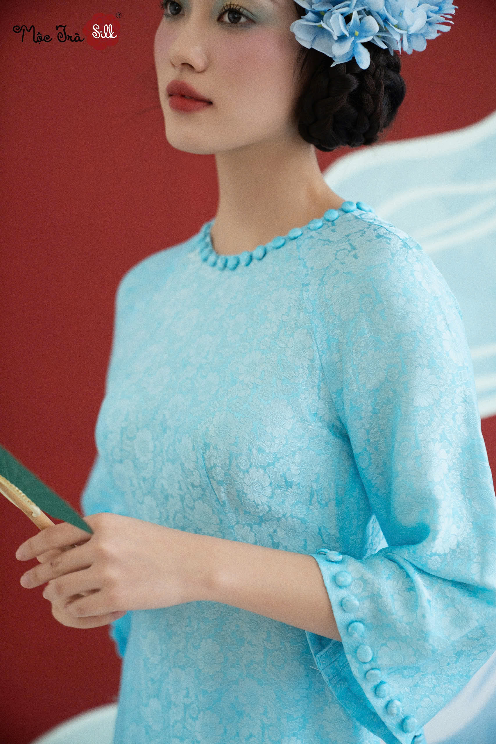 Áo dài Gấm hoa xanh dương