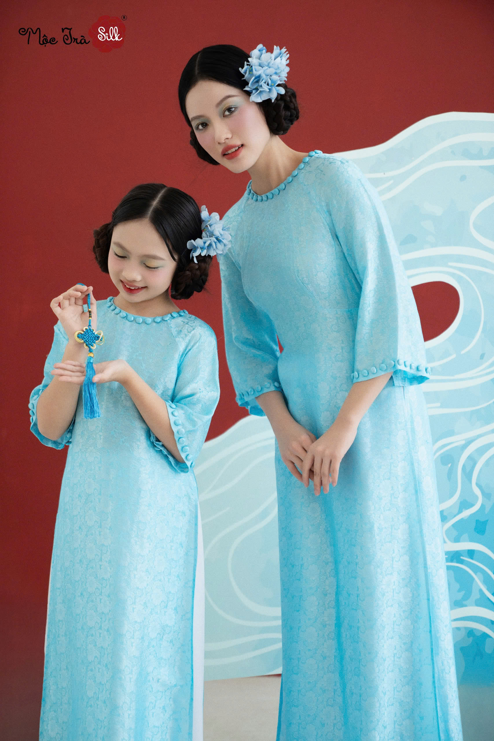 Áo dài Gấm hoa xanh dương