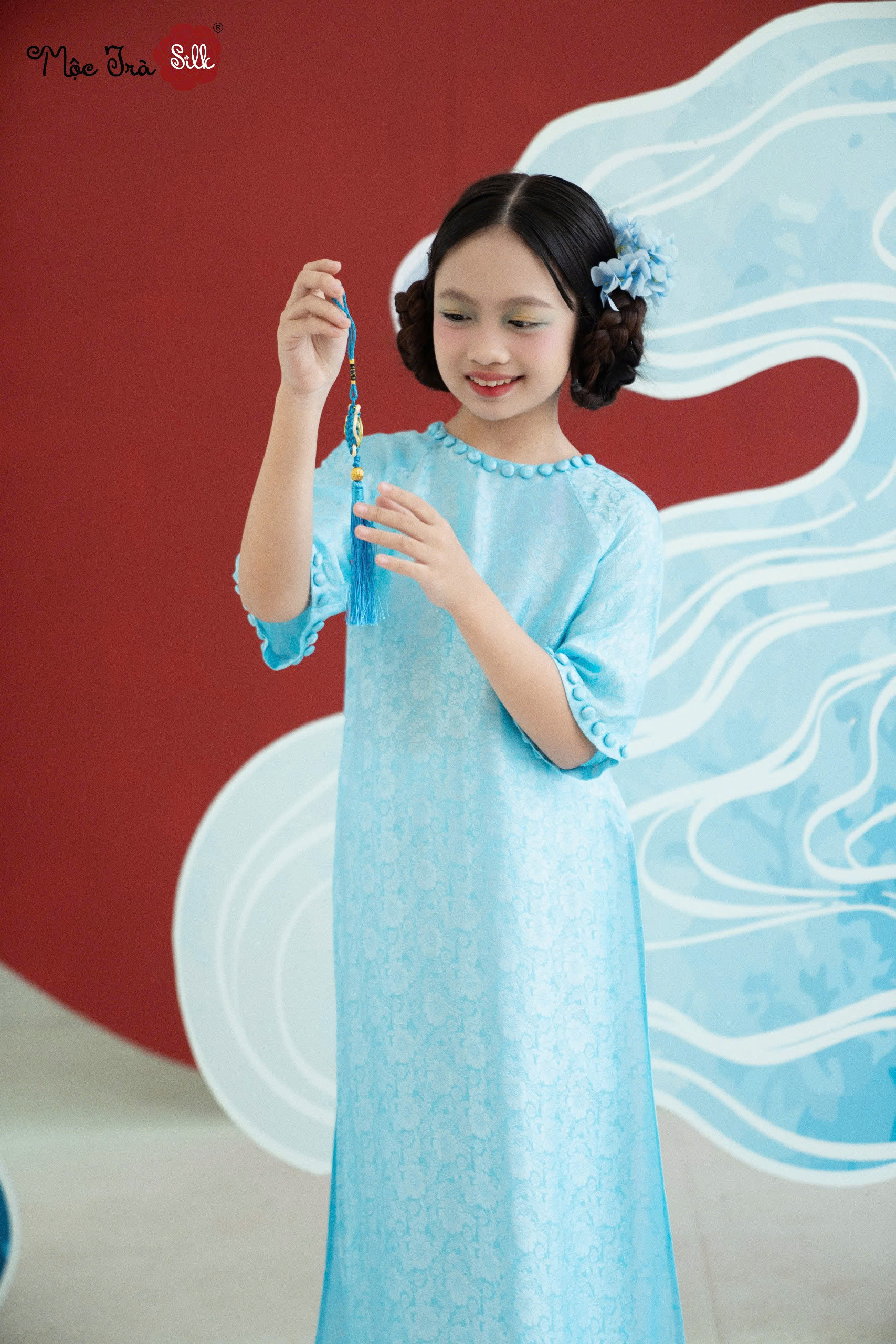 Áo dài Gấm hoa xanh dương