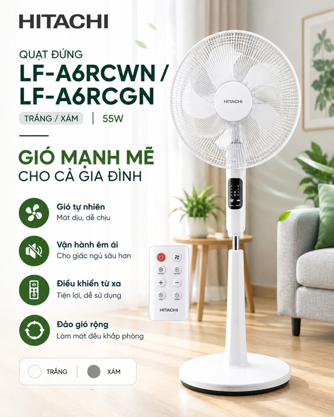 Đánh giá Quạt đứng Hitachi LF-A6RCWN 55W