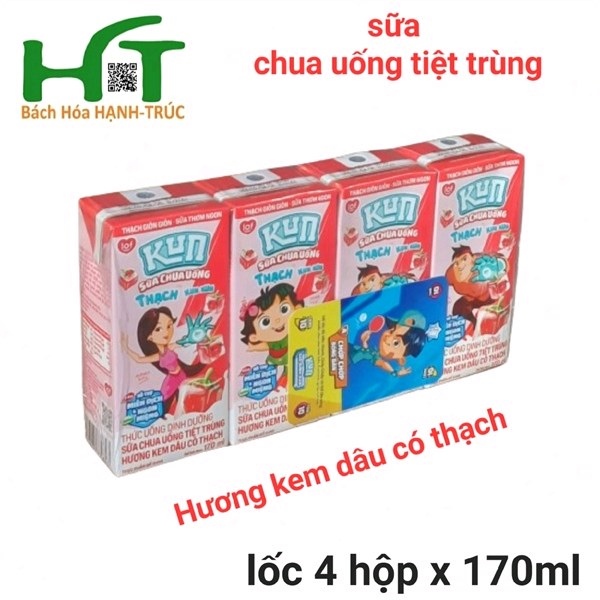 Sữa chua uống tiệt trùng Kun Hương kem dâu có thạch lốc 4 hộp x 170ml