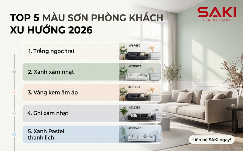 Top 5 màu sơn phòng khách xu hướng 2026 giúp không gian rộng rãi, sang trọng