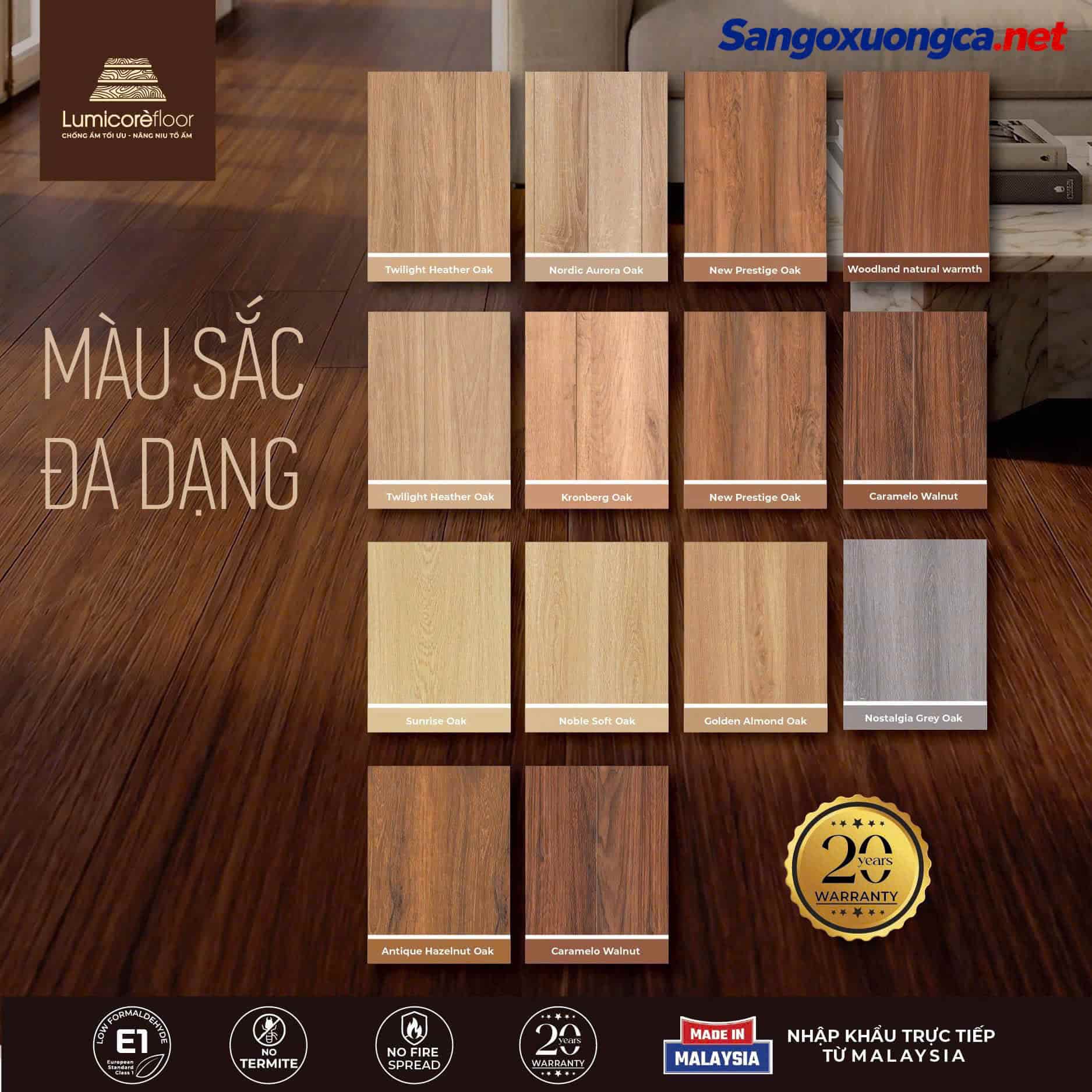 Bảng màu Sàn gỗ Lumicore - Nhập khẩu nguyên hộp Malaysia