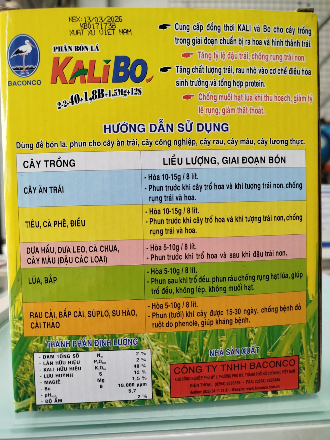 KALI BO BACONCO 1KG – BỔ SUNG KALI, BO VÀ MAGIE, HỖ TRỢ RA HOA – ĐẬU TRÁI