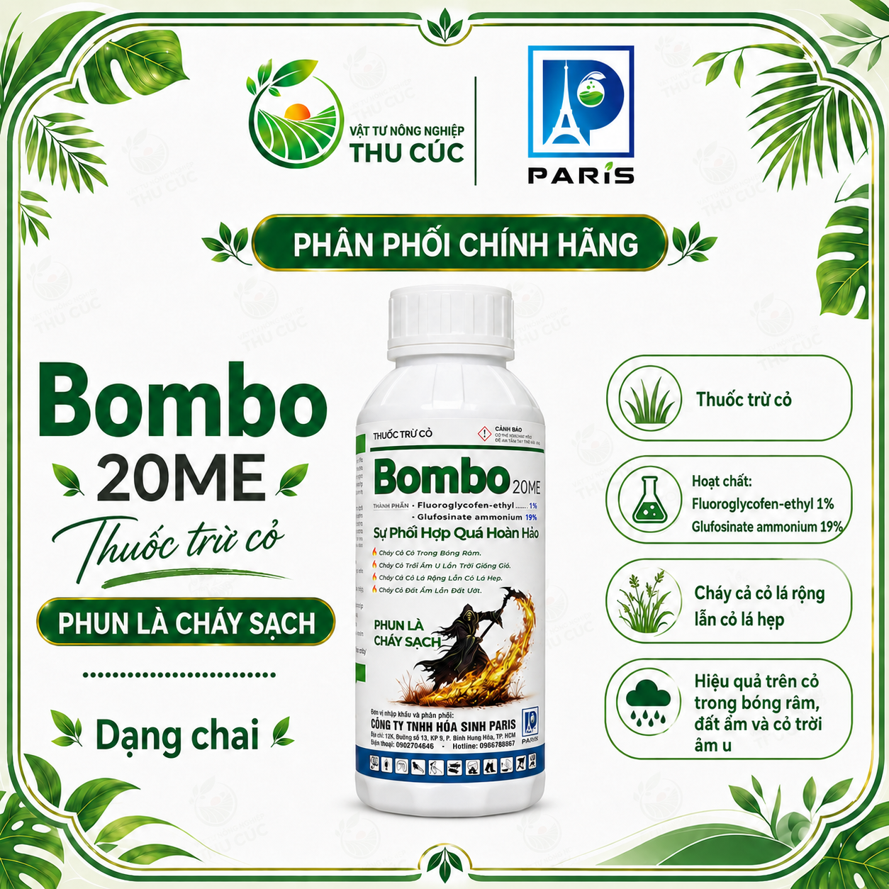 BOMBO 20ME – THUỐC TRỪ CỎ PHUN LÀ CHÁY | CHAI 900ML