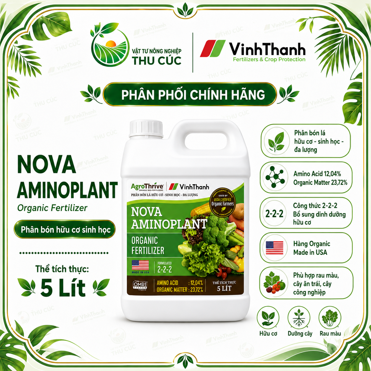 NOVA AMINOPLANT VĨNH THẠNH 5L – AMINO HỮU CƠ, PHỤC HỒI CÂY – TĂNG HẤP THU DINH DƯỠNG