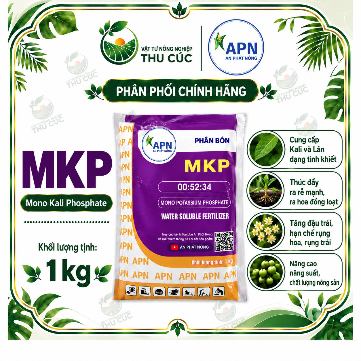 MKP ABIO 00-52-34 – MONO POTASSIUM PHOSPHATE, HỖ TRỢ GIÀ LÁ – PHÂN HÓA MẦM HOA