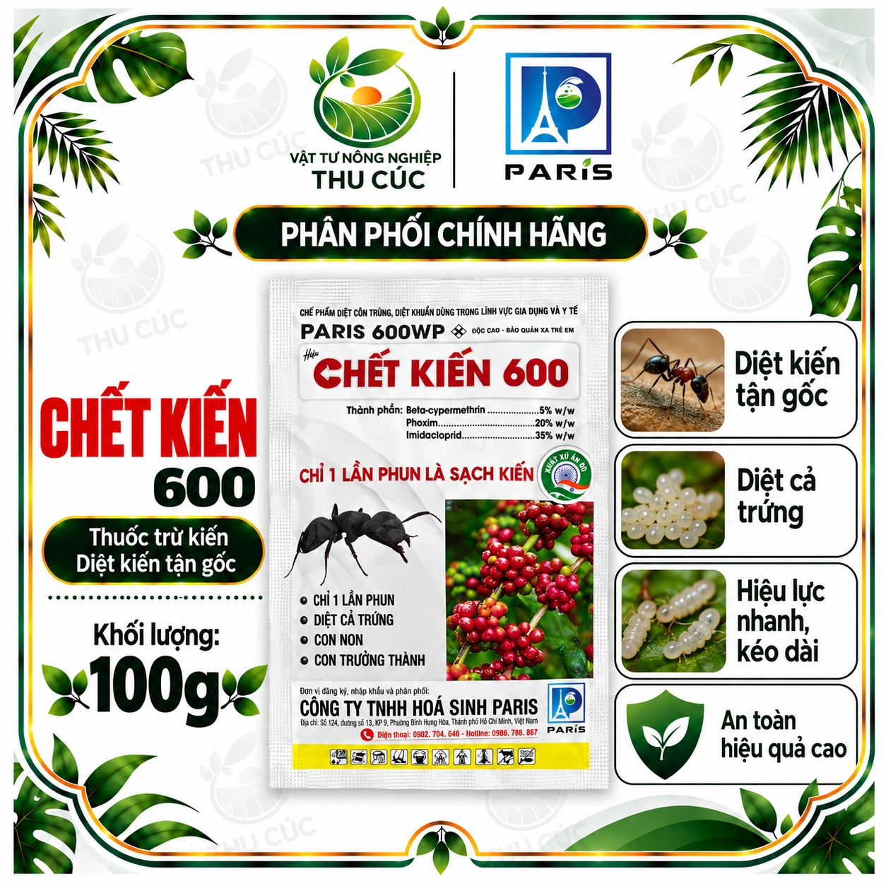 CHẾT KIẾN 600 – PARIS 600WP 100G – CHẾ PHẨM KIỂM SOÁT KIẾN, CÔN TRÙNG GIA DỤNG