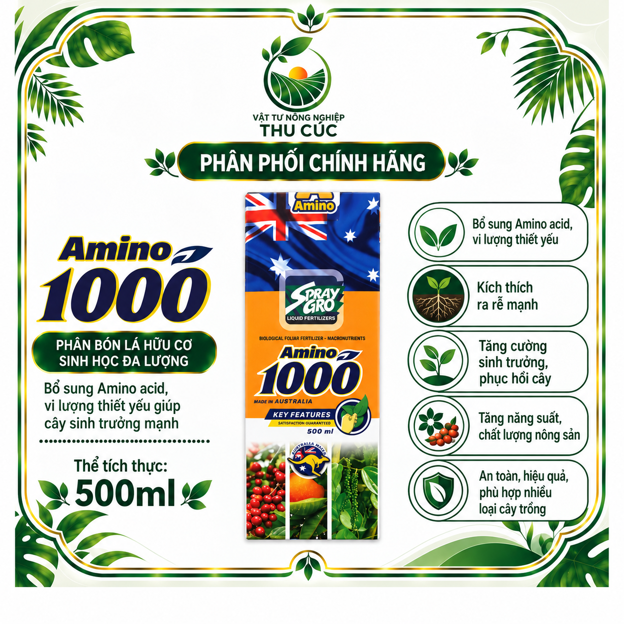 AMINO 1000 500ML – AMINO ACID ÚC, HỖ TRỢ PHỤC HỒI CÂY – RA RỄ – RA HOA ĐẬU TRÁI