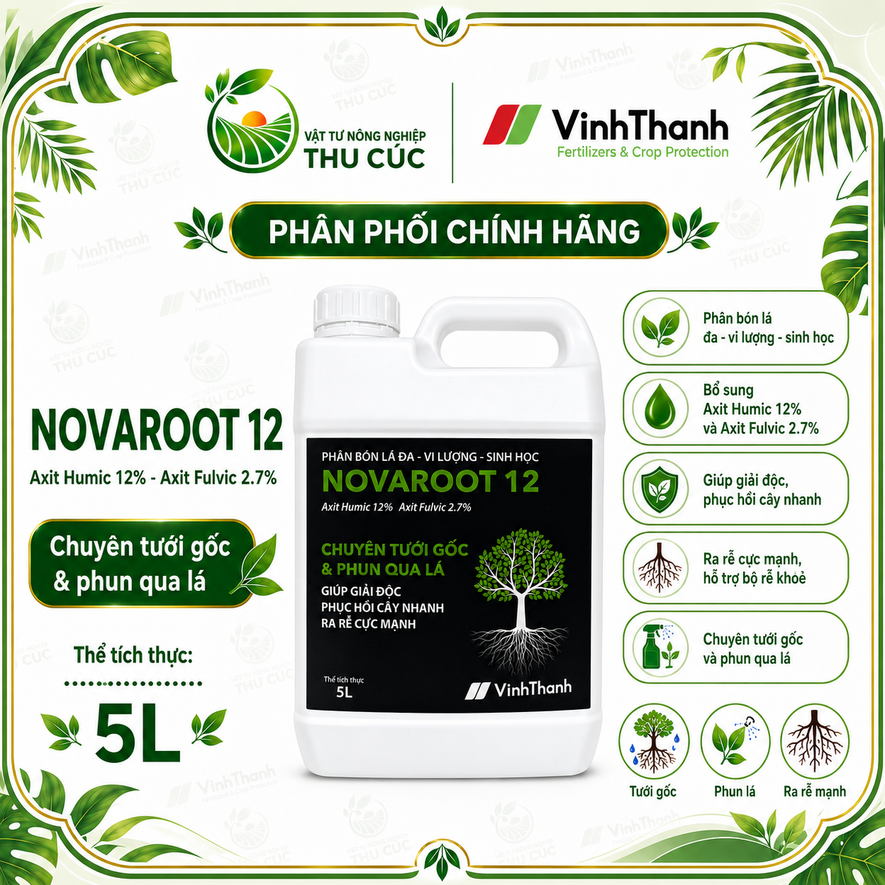 NOVAROOT 12 VĨNH THẠNH 5L – HUMIC FULVIC, GIẢI ĐỘC ĐẤT – PHỤC HỒI CÂY – RA RỄ MẠNH