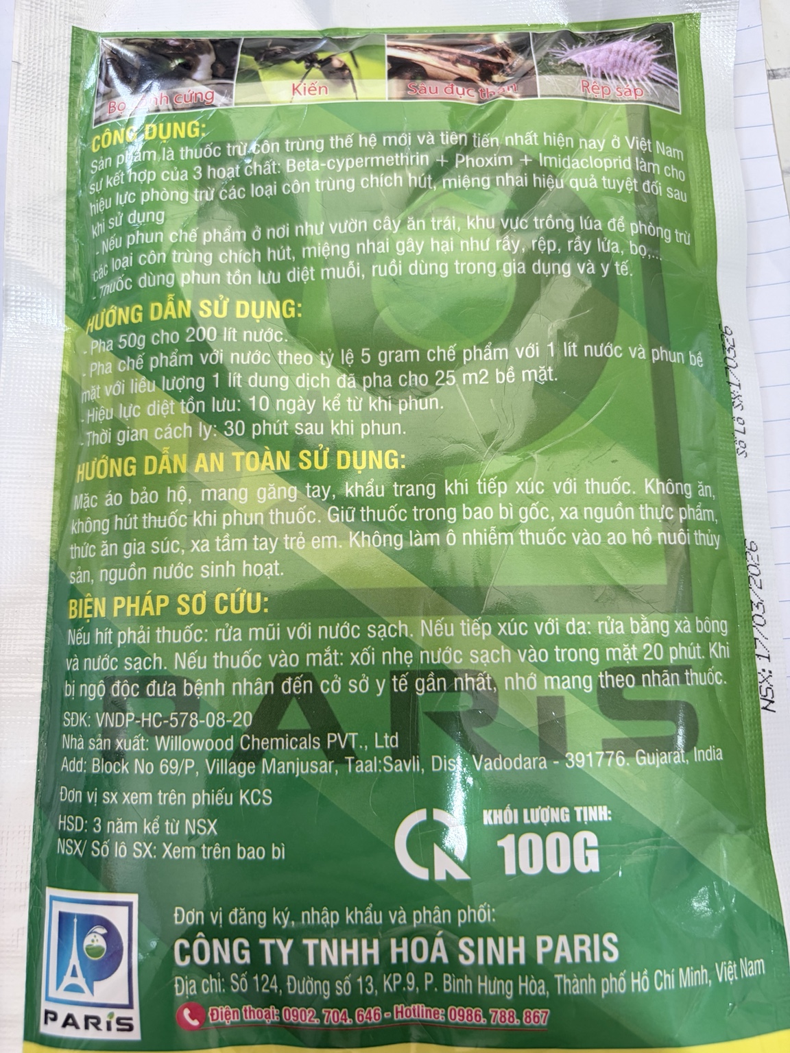 RẦY XANH PARIS 600 – PARIS 600WP 100G – CHẾ PHẨM KIỂM SOÁT CÔN TRÙNG CHÍCH HÚT, MIỆNG NHAI