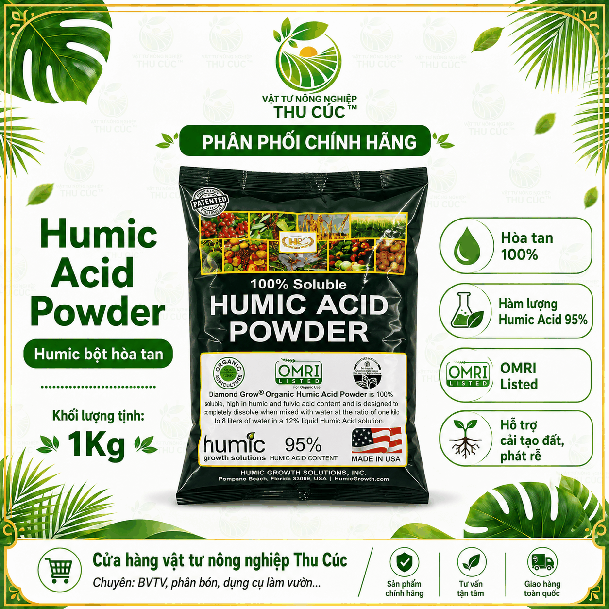 Humic Bột Hoàng Phúc 1kg – Diamond Grow Humi[K] WSP, Kích Rễ Cải Tạo Đất