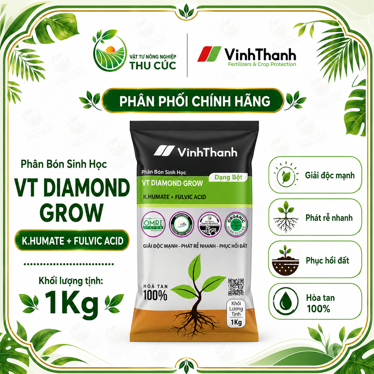 Humic Bột Vĩnh Thạnh 1kg – VT Diamond Grow, Kích Rễ Giải Độc Phục Hồi Đất