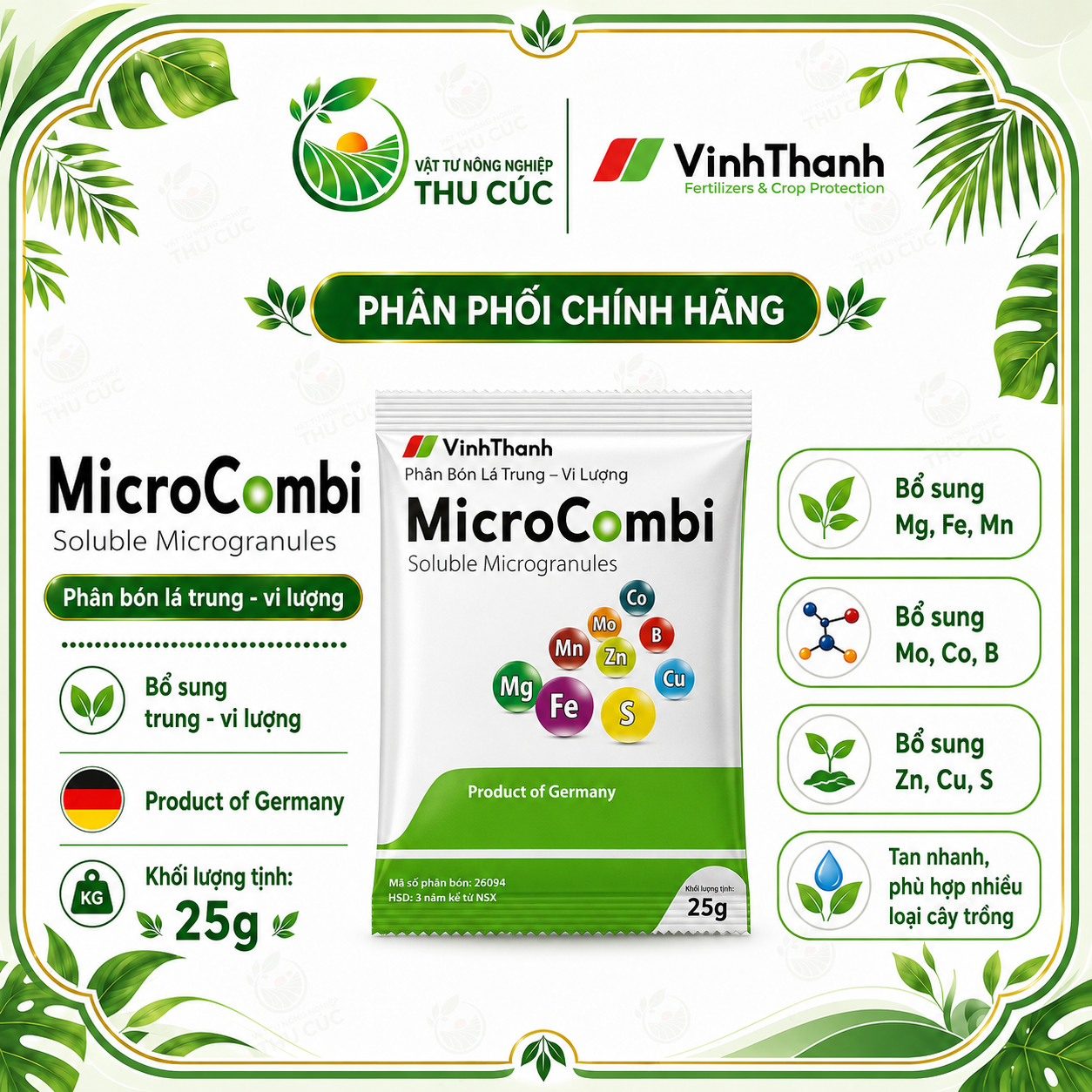 MicroCombi Vĩnh Thạnh – Phân Bón Lá Trung Vi Lượng Đức, Bổ Sung Mg, Fe, Zn, B, Mn
