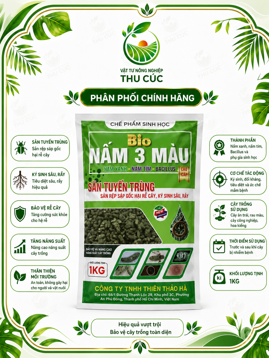 Bio Nấm 3 Màu 1kg – Nấm Xanh, Nấm Tím, Bacillus Hỗ Trợ Tuyến Trùng, Rệp Sáp Gốc, Sâu Rầy