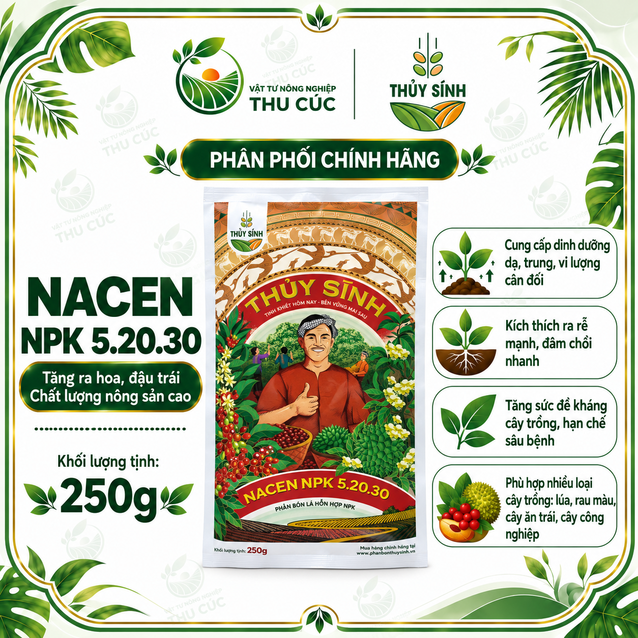THỦY SÍNH NACEN NPK 5-20-30 250G – DƯỠNG HOA, NUÔI TRÁI, HỖ TRỢ TRÁI LỚN ĐỒNG ĐỀU