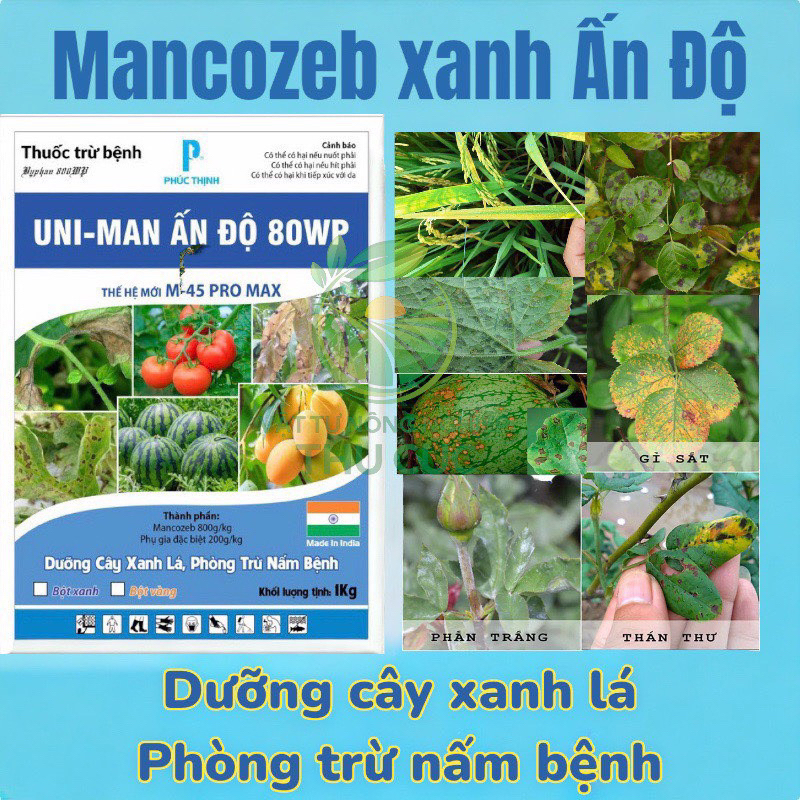 Mancozeb xanh UNI-MAN ẤN ĐỘ 80WP. Dưỡng cây xanh lá, phòng trừ nấm bệnh, gói 1kg