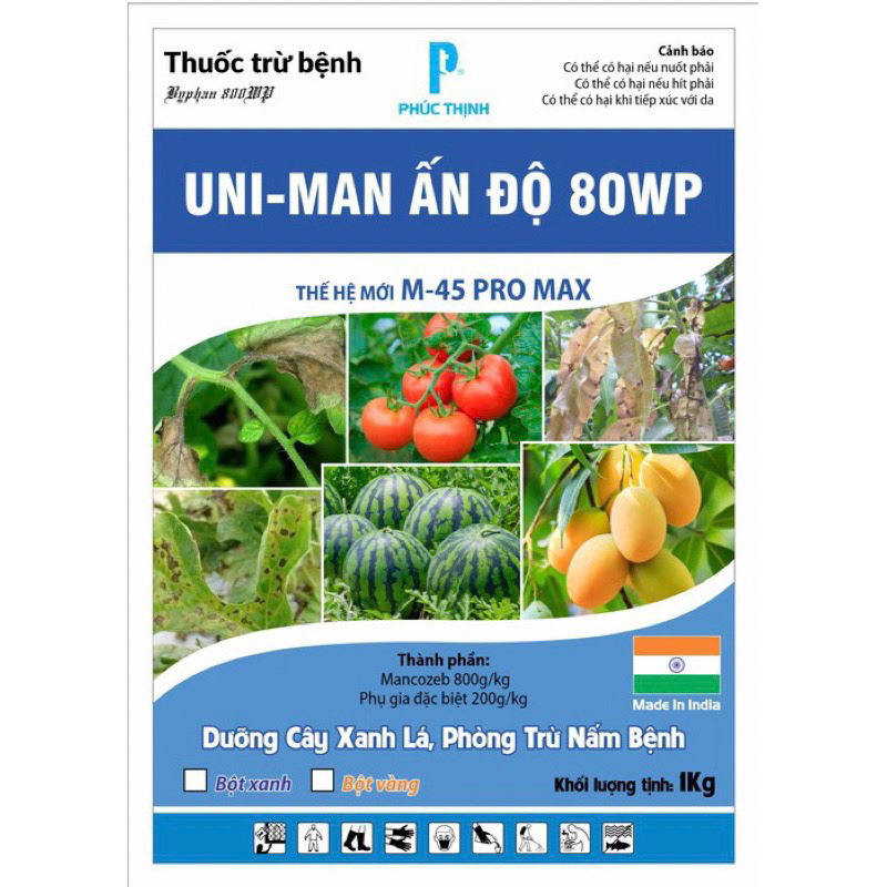 Mancozeb xanh UNI-MAN ẤN ĐỘ 80WP. Dưỡng cây xanh lá, phòng trừ nấm bệnh, gói 1kg