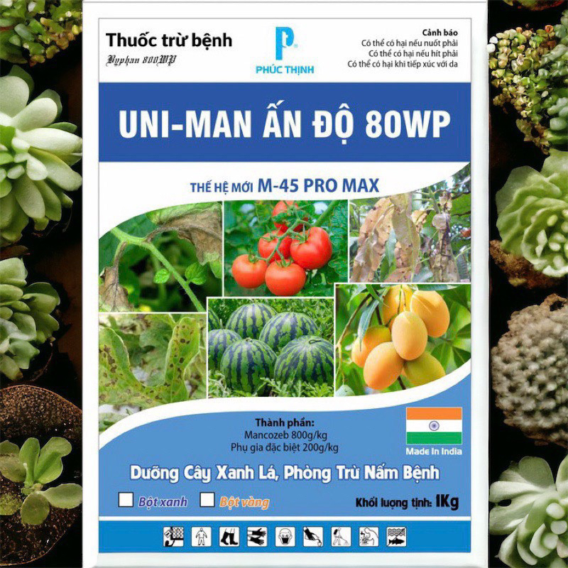 Mancozeb xanh UNI-MAN ẤN ĐỘ 80WP. Dưỡng cây xanh lá, phòng trừ nấm bệnh, gói 1kg