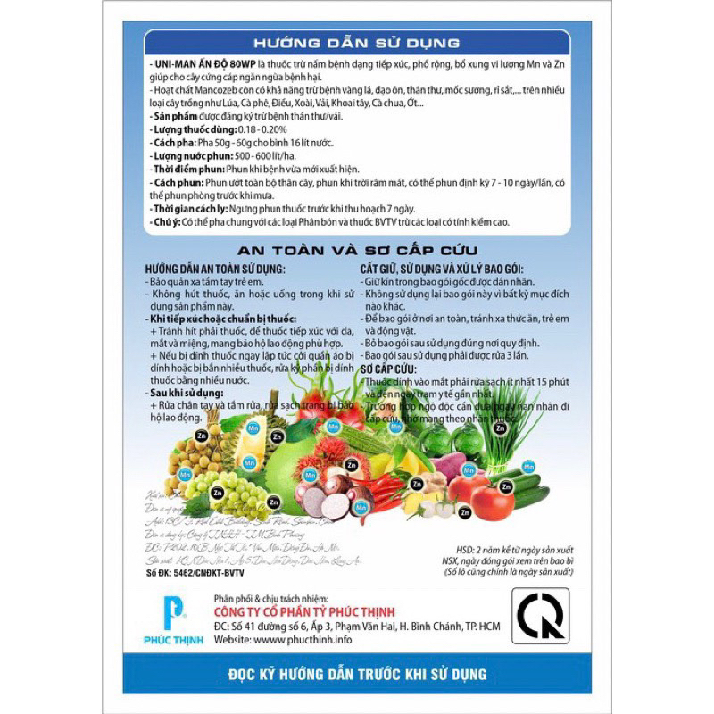 Mancozeb xanh UNI-MAN ẤN ĐỘ 80WP. Dưỡng cây xanh lá, phòng trừ nấm bệnh, gói 1kg