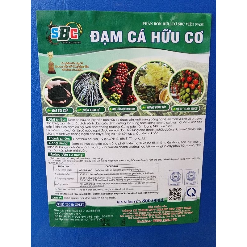 Đạm Cá Hữu Cơ SBC 20L – Kích Rễ Mạnh, Bật Mầm Nhanh, Xanh Cây, Nuôi Trái