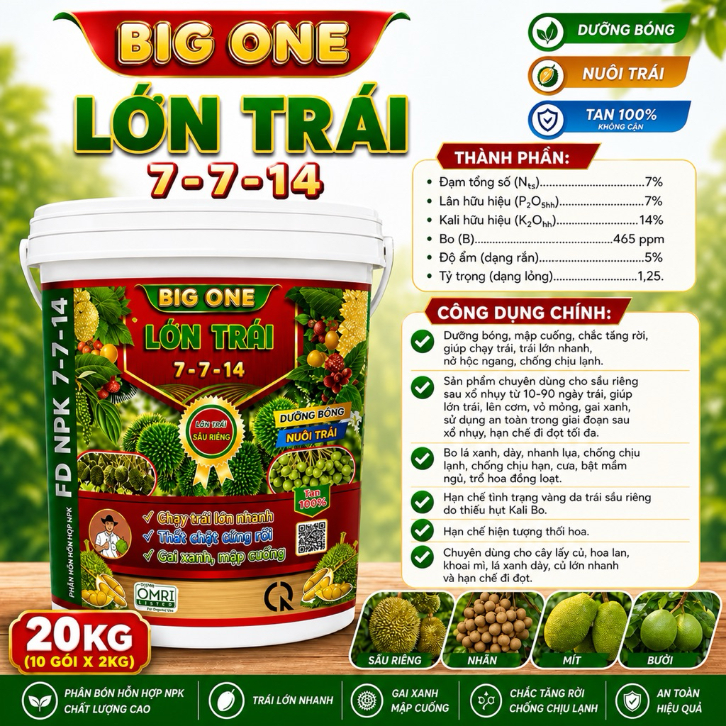 Phân Bón 3 TỐT BIG ONE Lớn Trái 7-7-14 – Nuôi Trái Nhanh, Gai Xanh Mập Cuống, Hạn Chế Đi Đọt – Dùng Cho Sầu Riêng