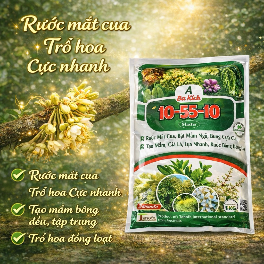 Phân A Ba Kích 10-55-10 + TE Kích Mầm Hoa Mạnh, Ra Hoa Đồng Loạt (1kg)