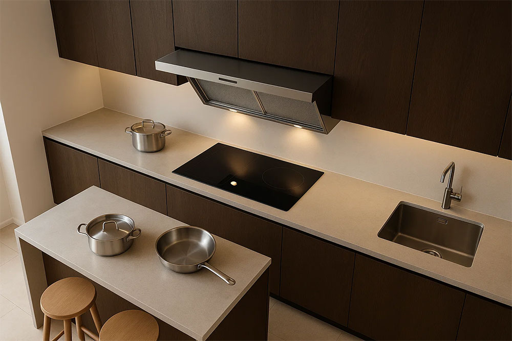 Máy hút mùi âm tủ mở lưới inox đang được vệ sinh