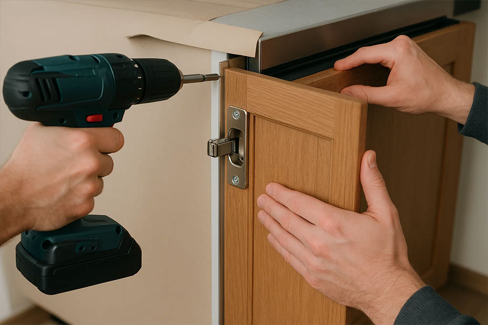Lắp cánh tủ gỗ vào mặt trước máy rửa bát