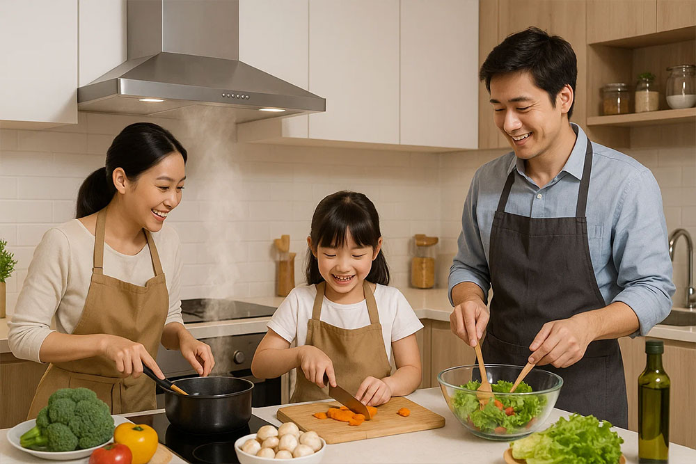 Gia đình đang nấu ăn trong căn bếp hiện đại, thoáng đãng