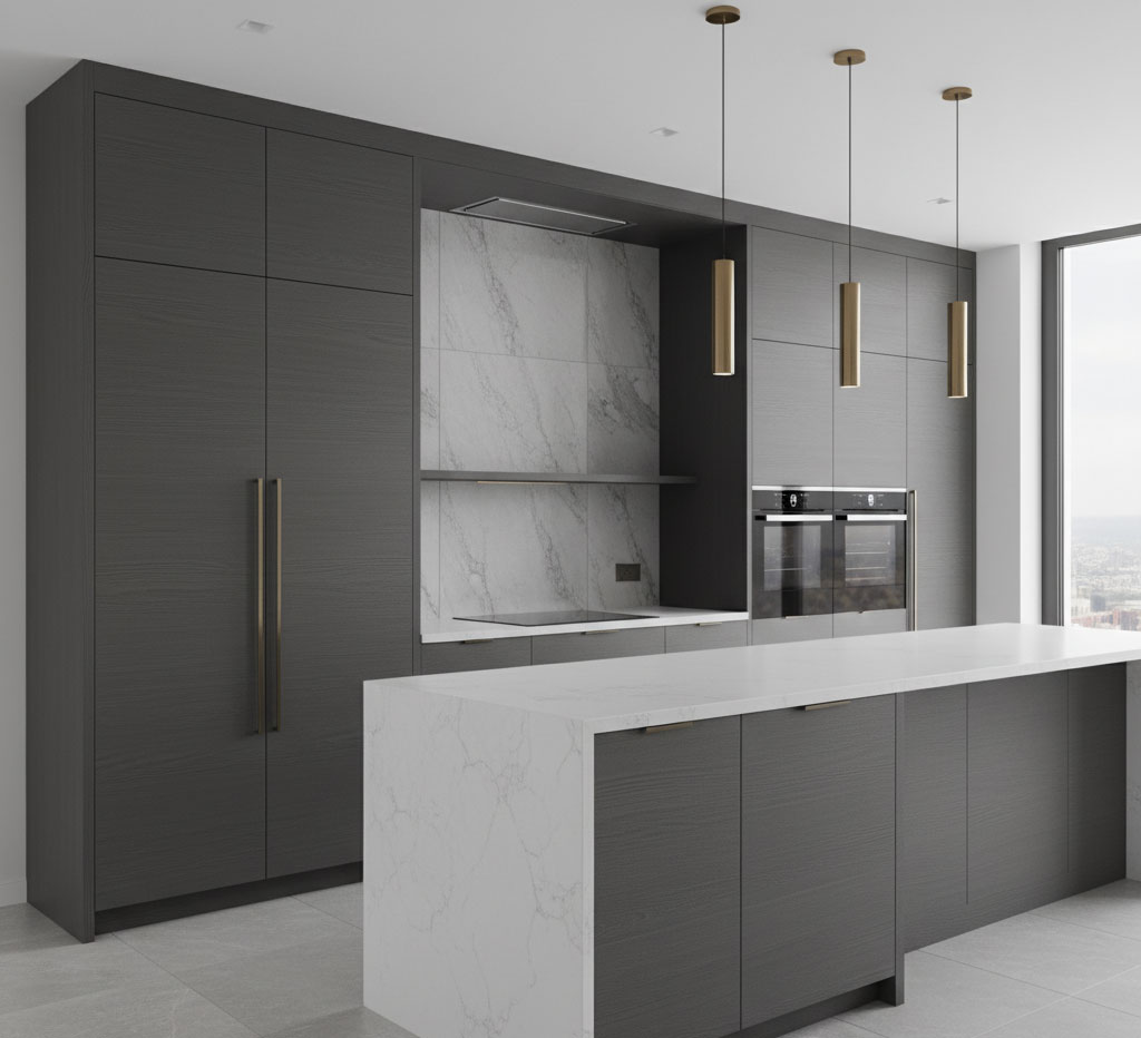 Bếp cao cấp, toàn bộ cửa tủ và máy rửa bát đồng bộ về màu sắc & vật liệu