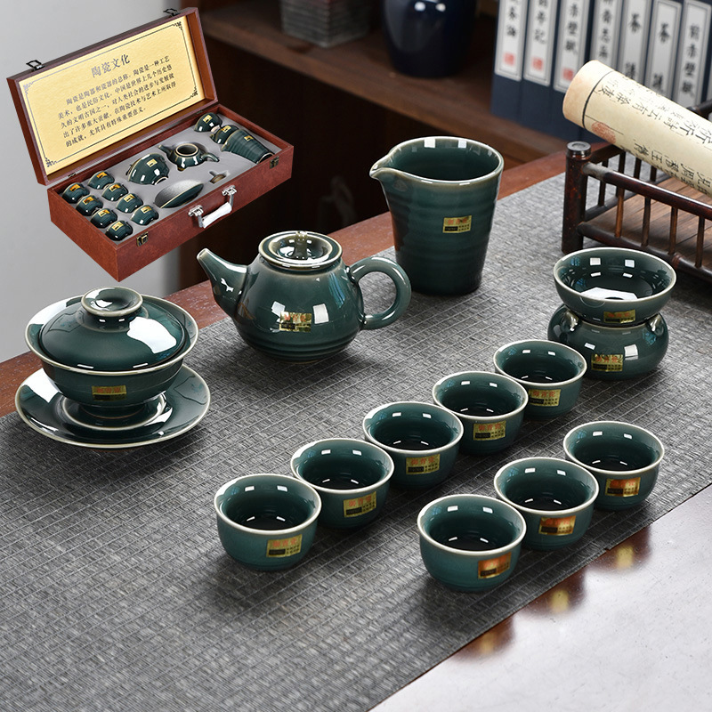 Bộ ấm chén phủ men ngọc hoàng gia - 13  món - kèm hộp quà