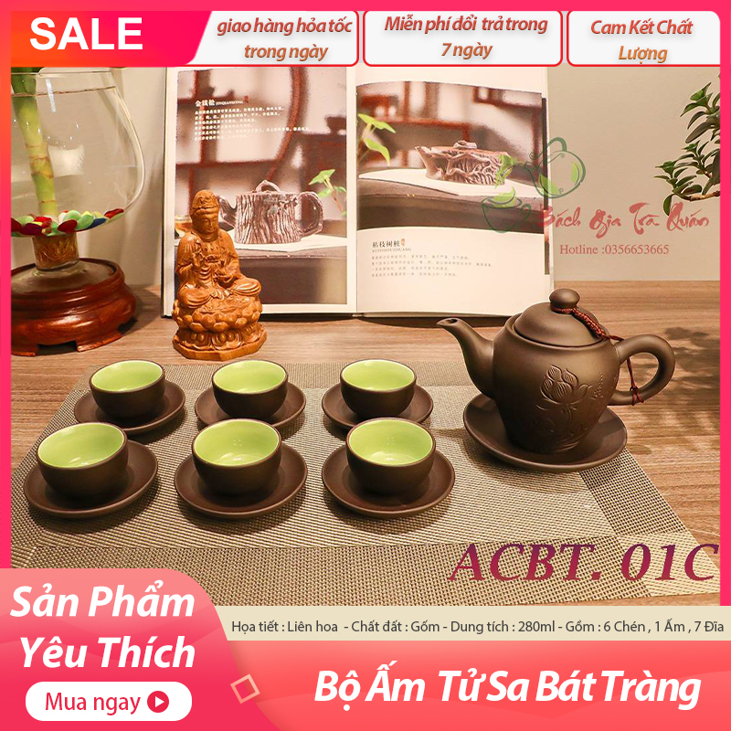 Ấm chén bát tràng - họa tiết liên hoa đủ bộ